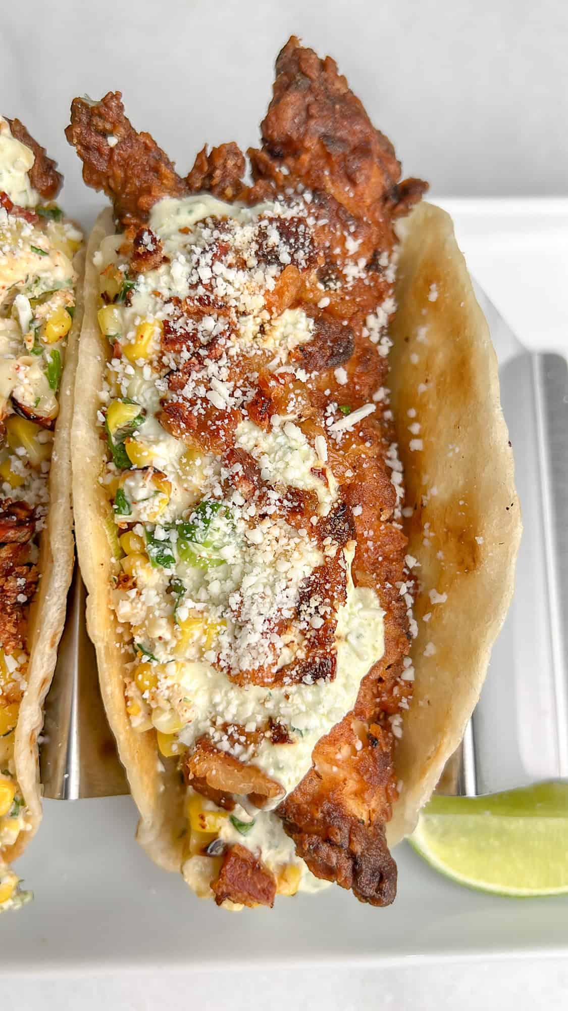 Fried Chicken Street Corn Tacos With Bacon And Jalapeno Lime Ranch