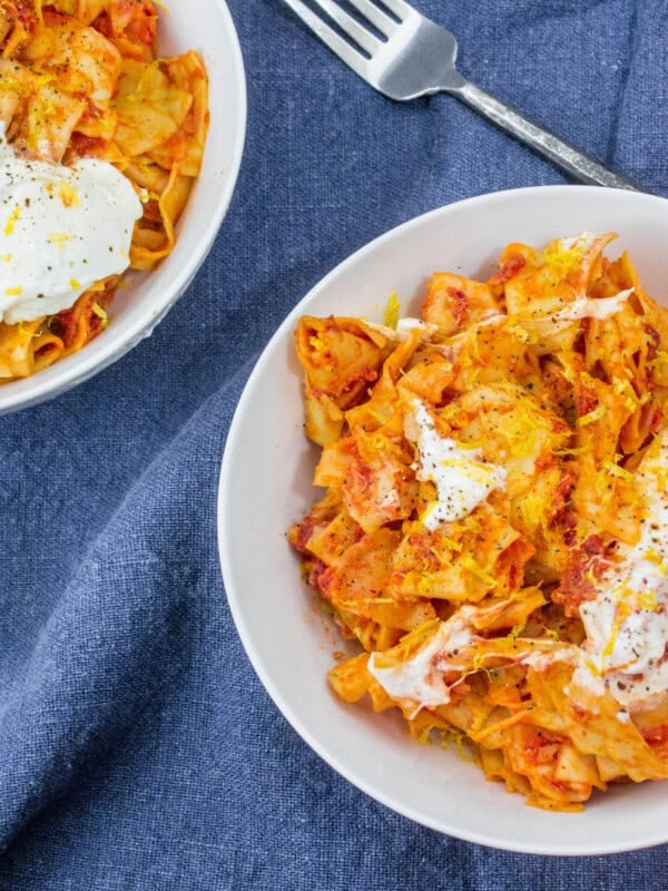 Tomato Pappardelle Pasta with Burrata and Lemon