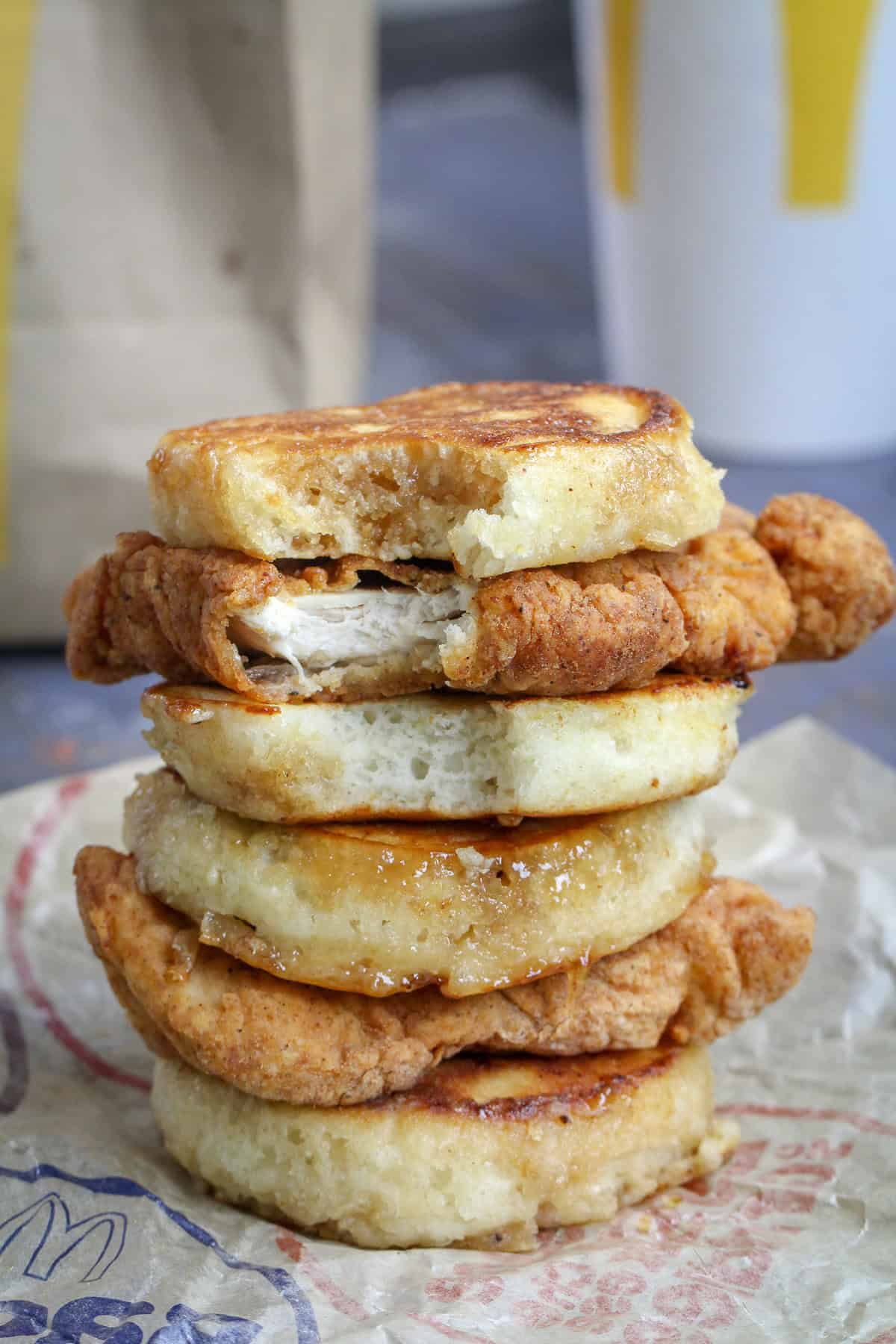 A stack of two McDonald's McGriddles with chicken