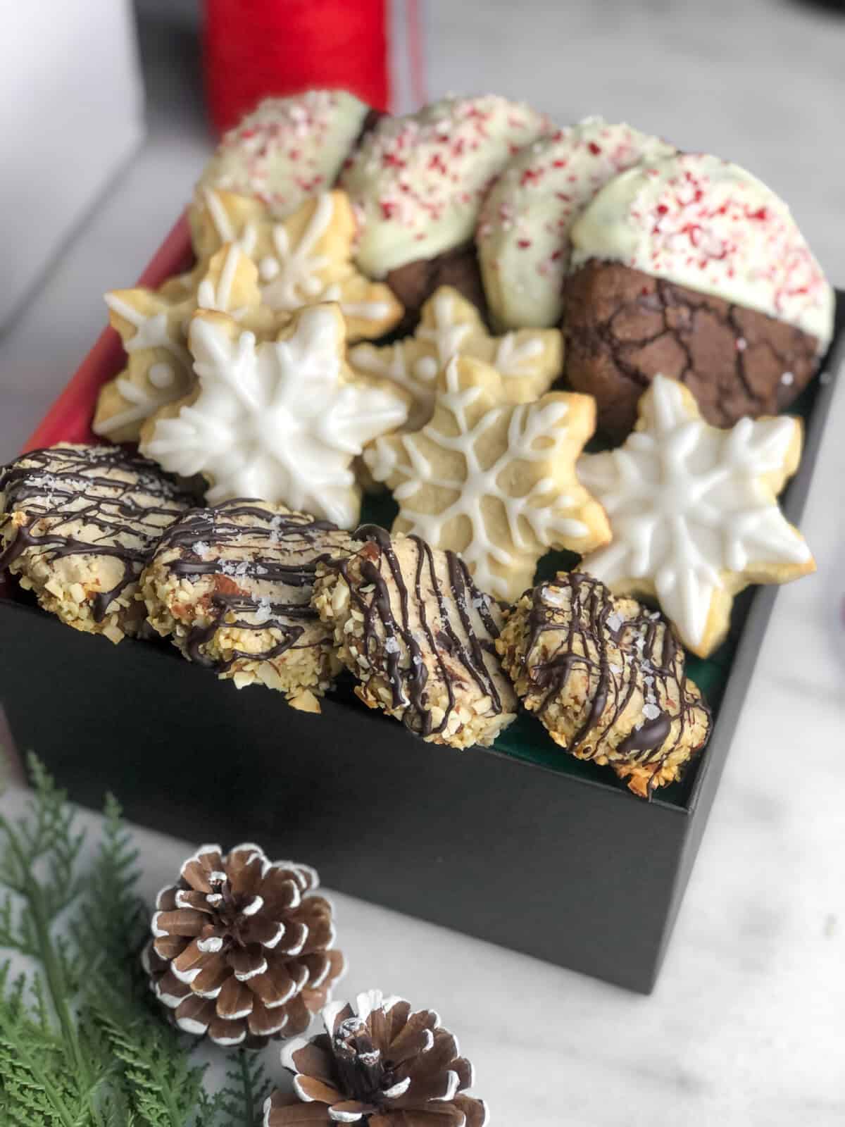 holiday cookie box with a variety of flavors displayed