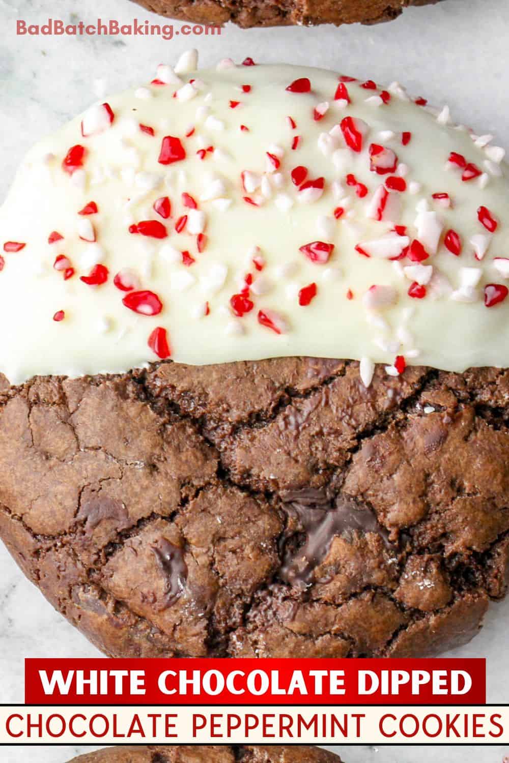 a row of chocolate cookies dipped in white chocolate and sprinkled with crushed peppermint