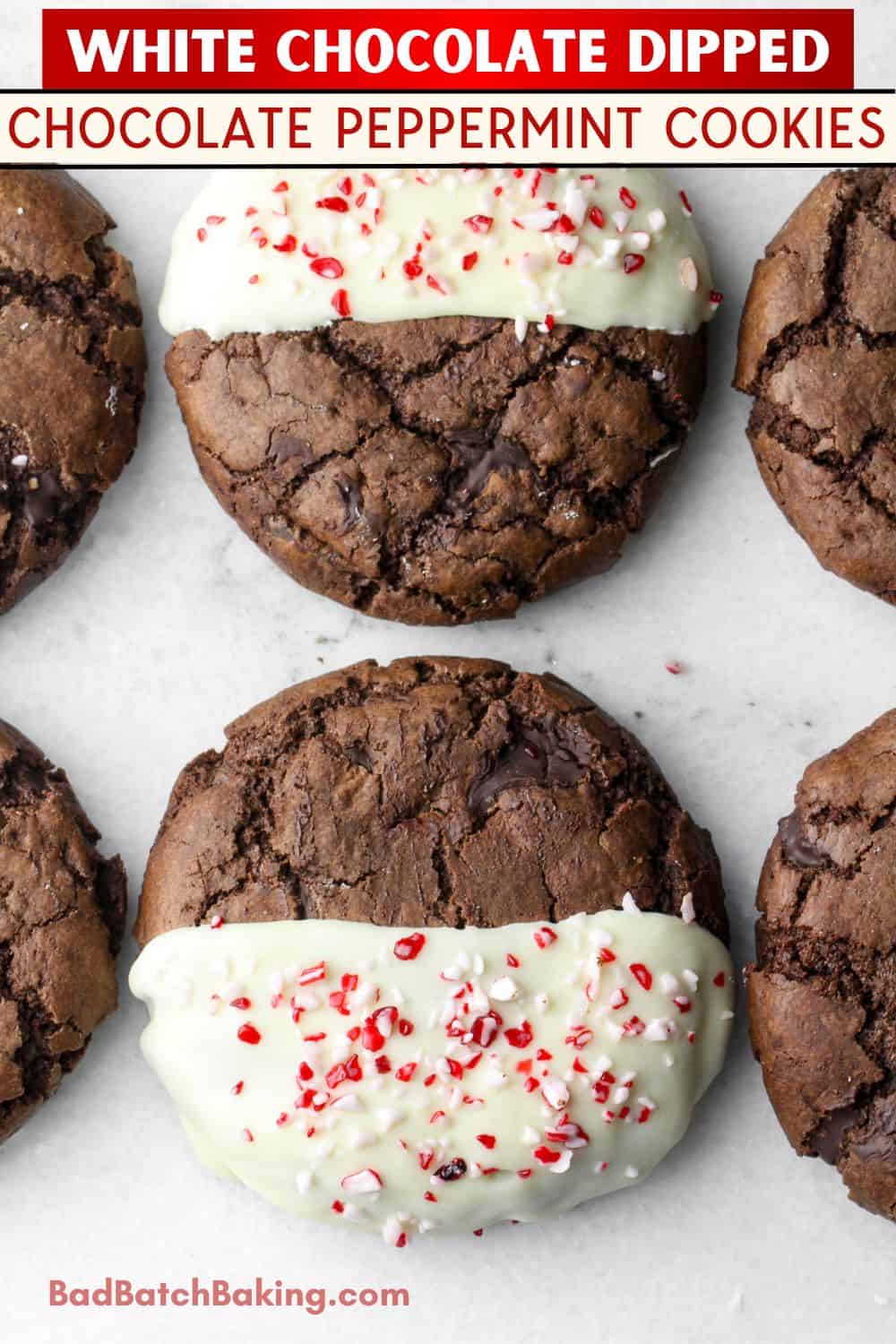 a row of chocolate cookies dipped in white chocolate and sprinkled with crushed peppermint