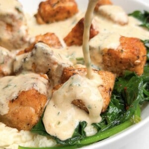 Roasted Salmon Bites with Creamy Garlic Sauce