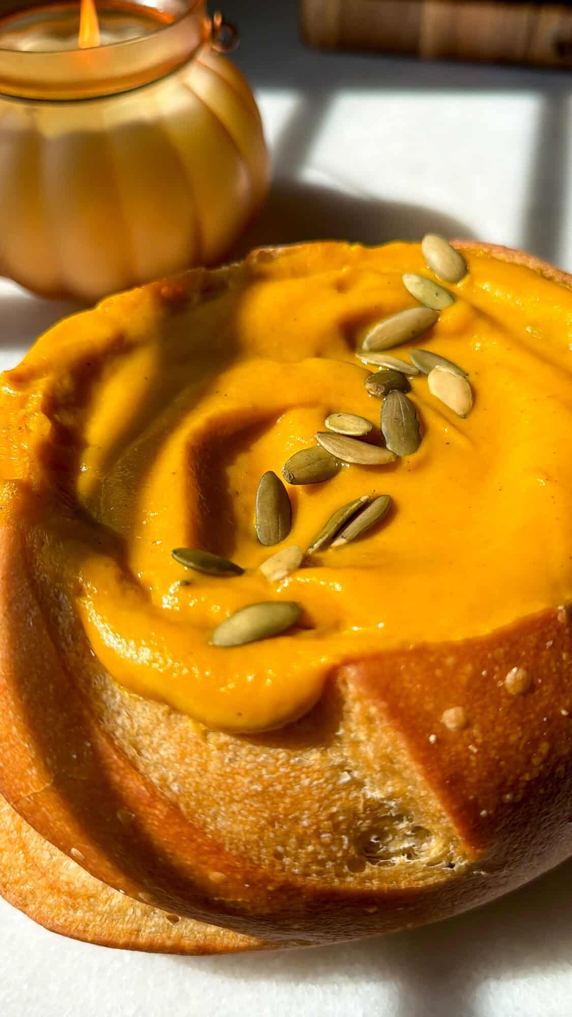 Panera's autumn squash soup in a bread bowl