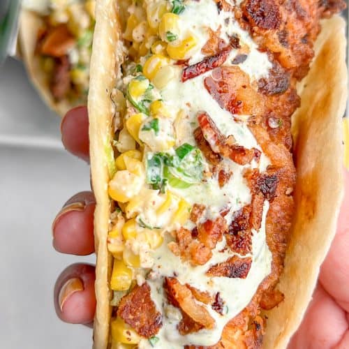 Fried Chicken Street Corn Tacos with Bacon and Jalapeno Lime Ranch