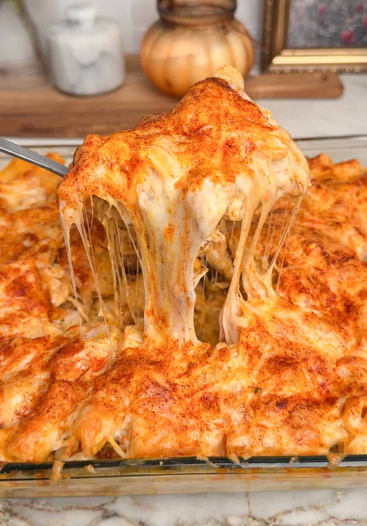 buffalo chicken mac and cheese in a pan