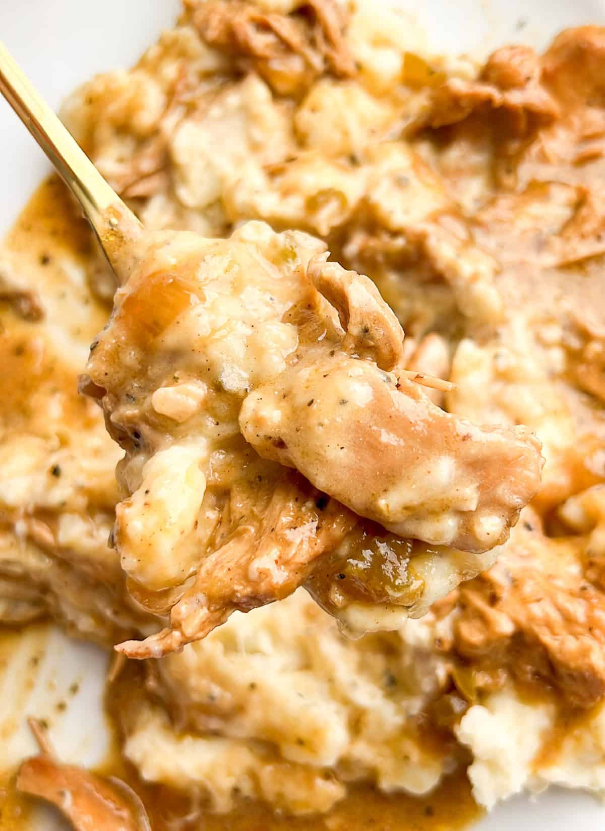 With tender chicken cooked in homemade pan gravy, Smothered Chicken and Gravy is classic Southern comfort food. Ready in 30 minutes! A forkful of smothered chicken and gravy