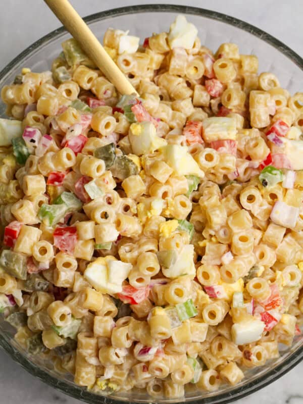 Overhead image of the best macaroni salad.