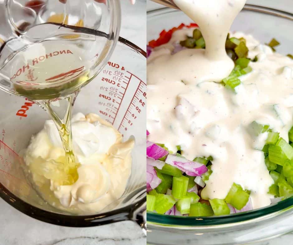 making the dressing and pouring it over the macaroni salad