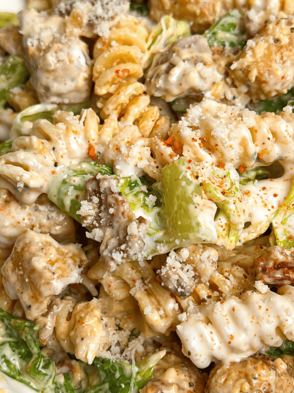 Close up of caesar pasta salad
