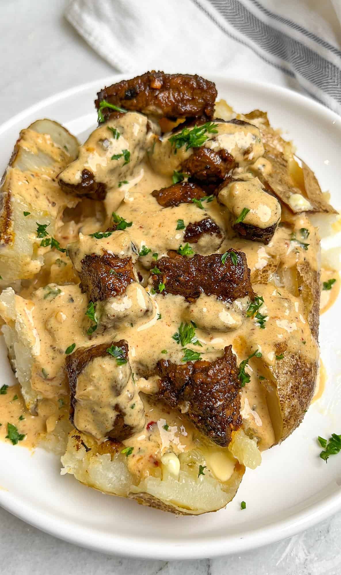 loaded baked potatoes with steak