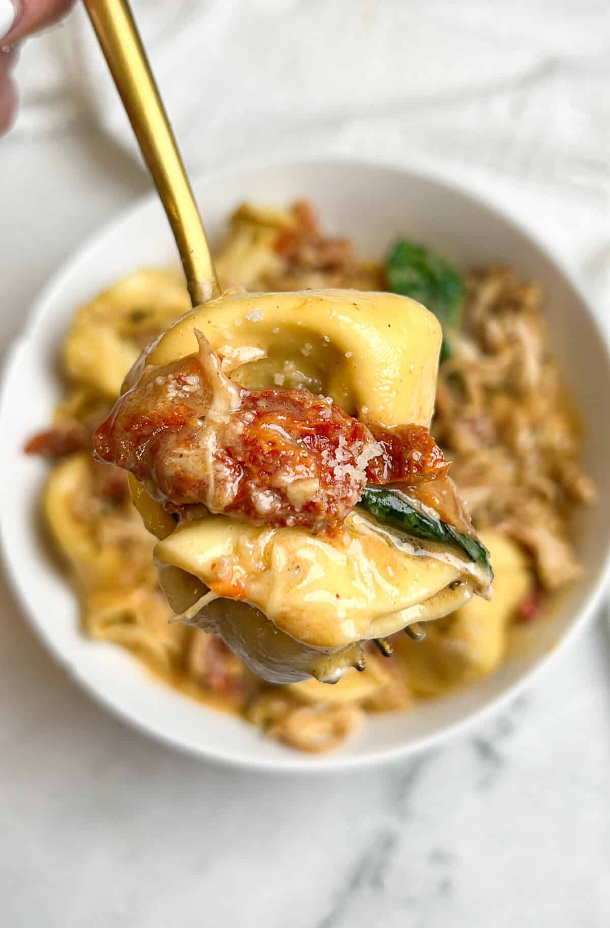 Marry me chicken tortellini is an easy slow cooker recipe, with tender chicken, tortellini, and basil in rich sun-dried tomato cream sauce. Close up of a forkful of marry me chicken tortellini held over a bowl.
