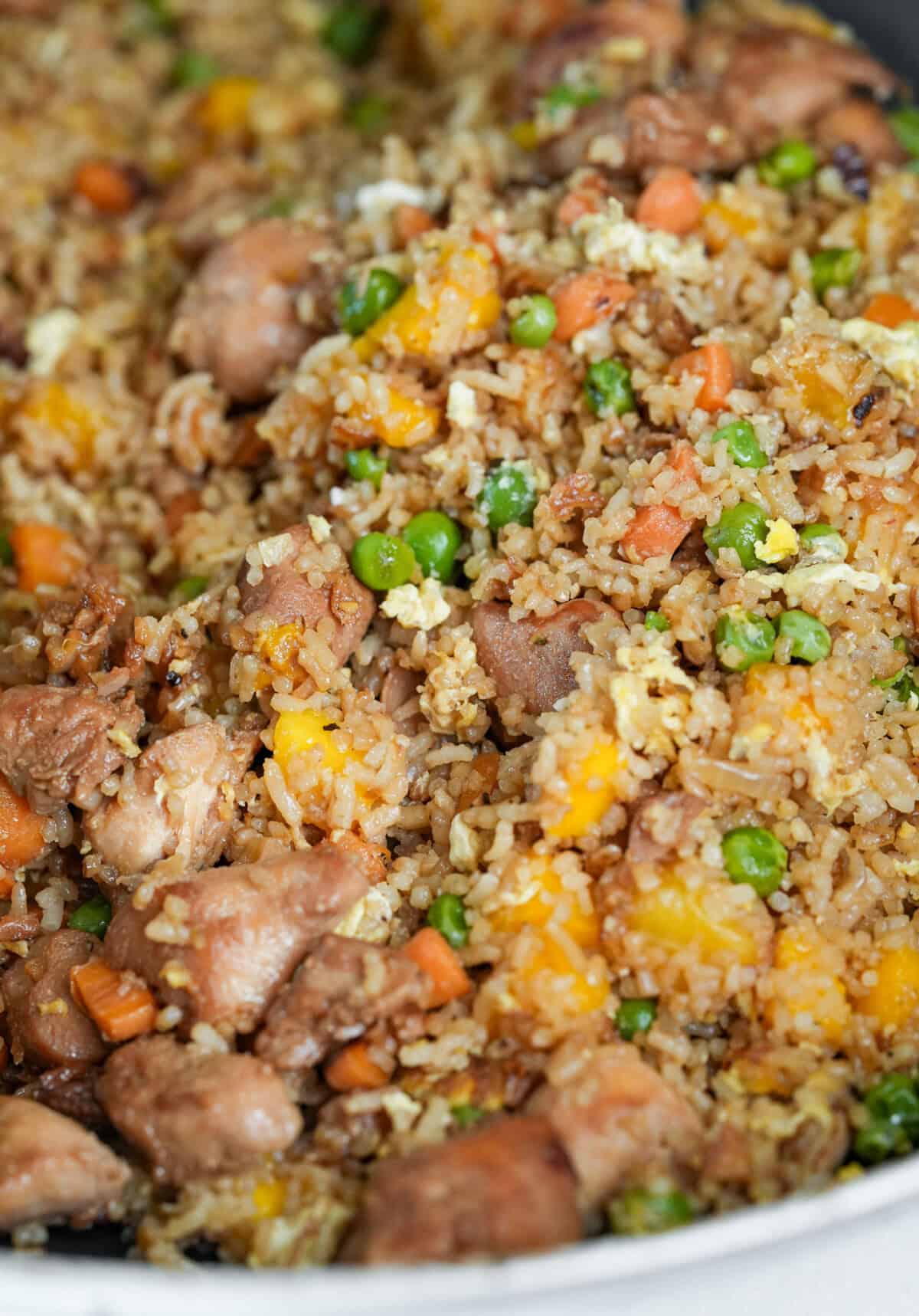 chicken fried rice in a bowl