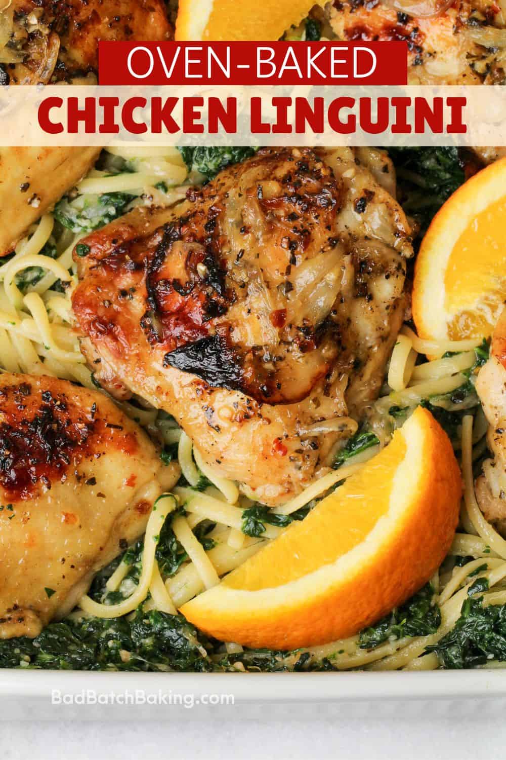 orange wedges and chicken linguini