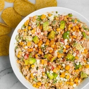 chicken salad and corn in a bowl