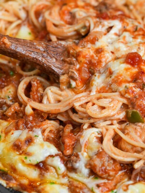 Million dollar spaghetti in a large skillet.