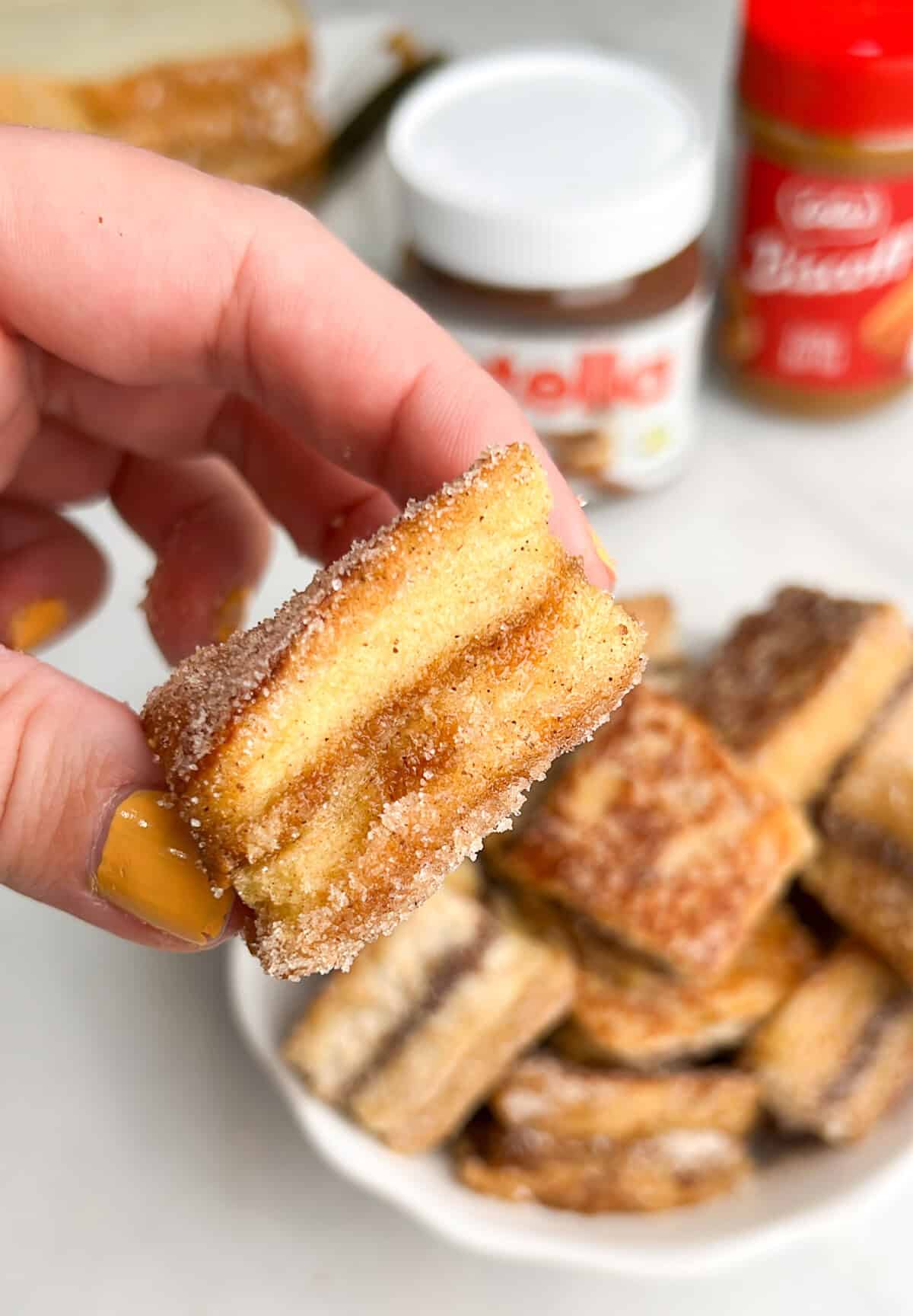 french toast bites in hand