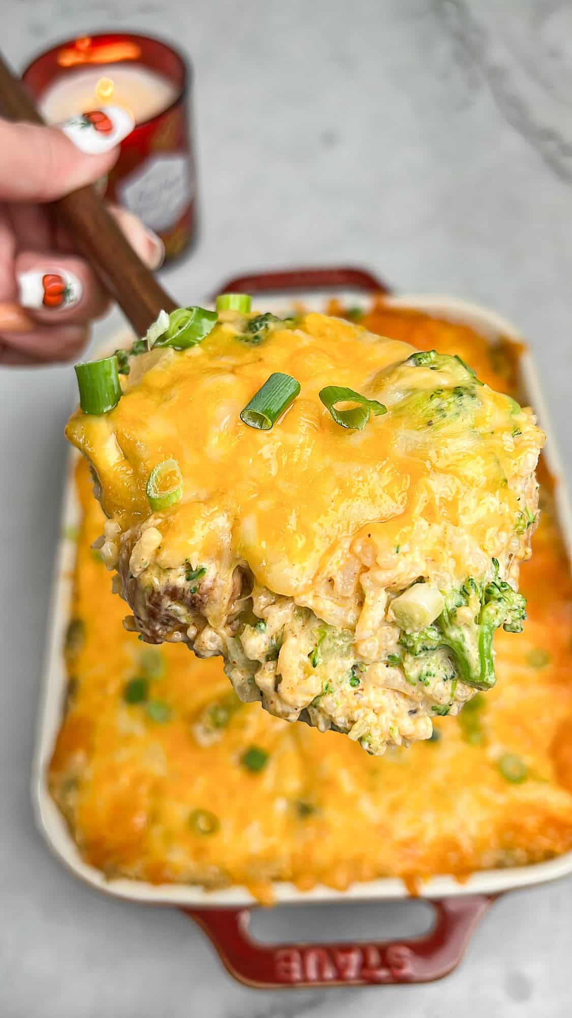 cheesy broccoli rice casserole in a pan