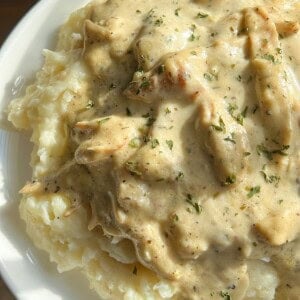 chicken and gravy on a plate