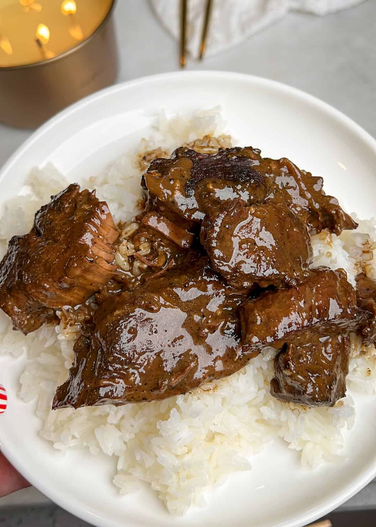 beef and gravy on a plate