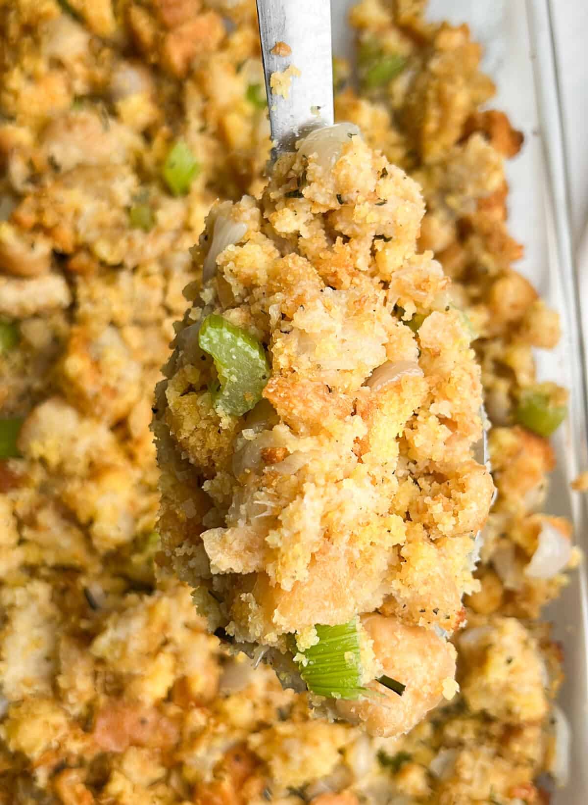 cornbread stuffing in a pan