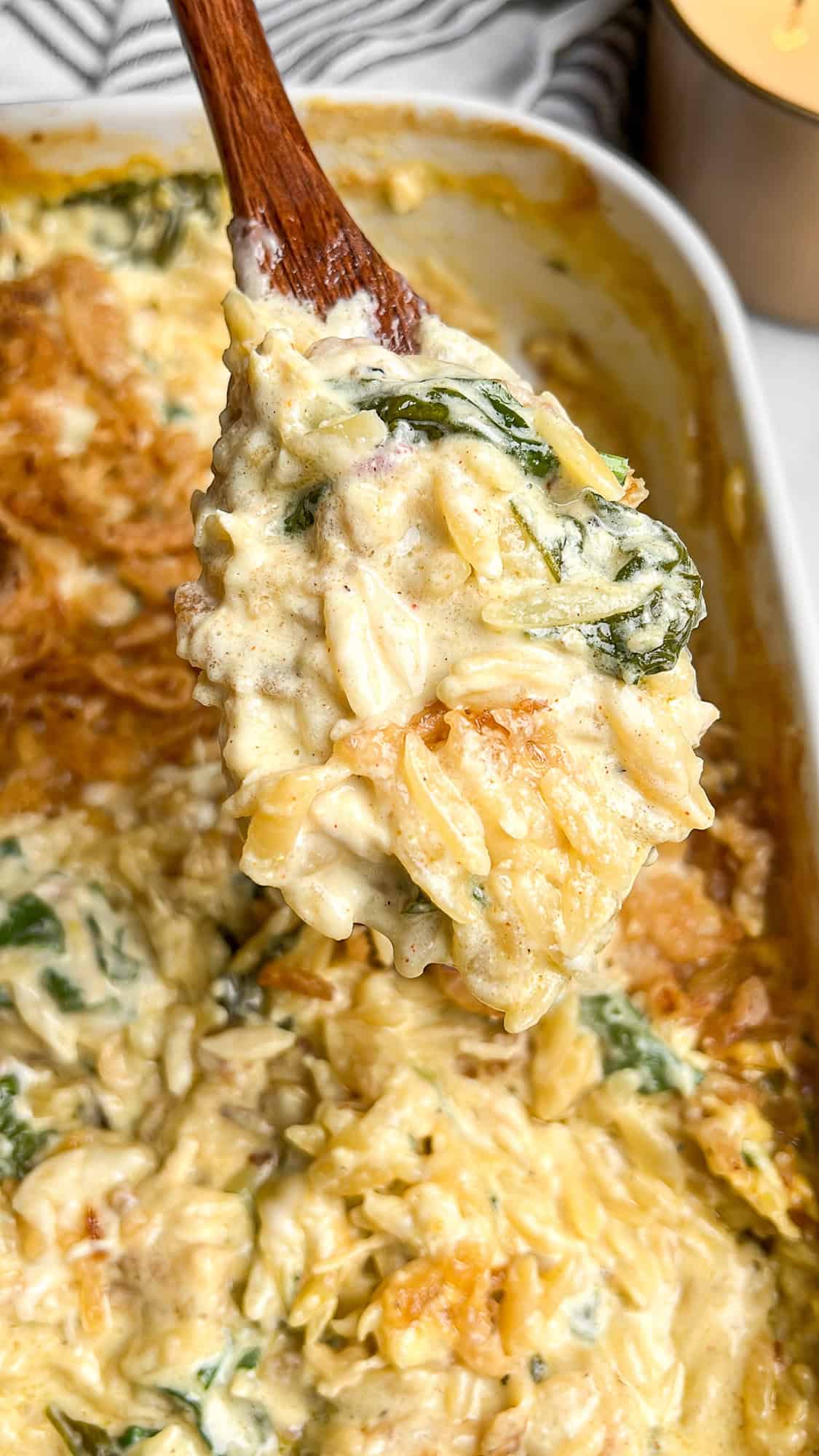 one pan orzo in a casserole dish