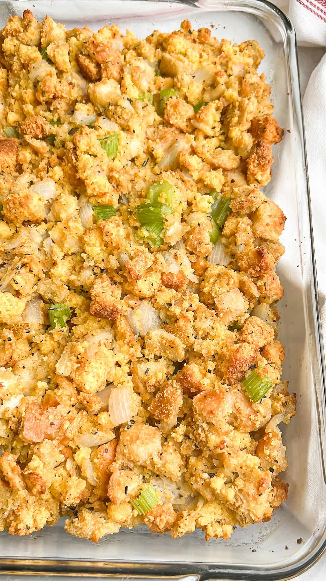 cornbread dressing in a pan