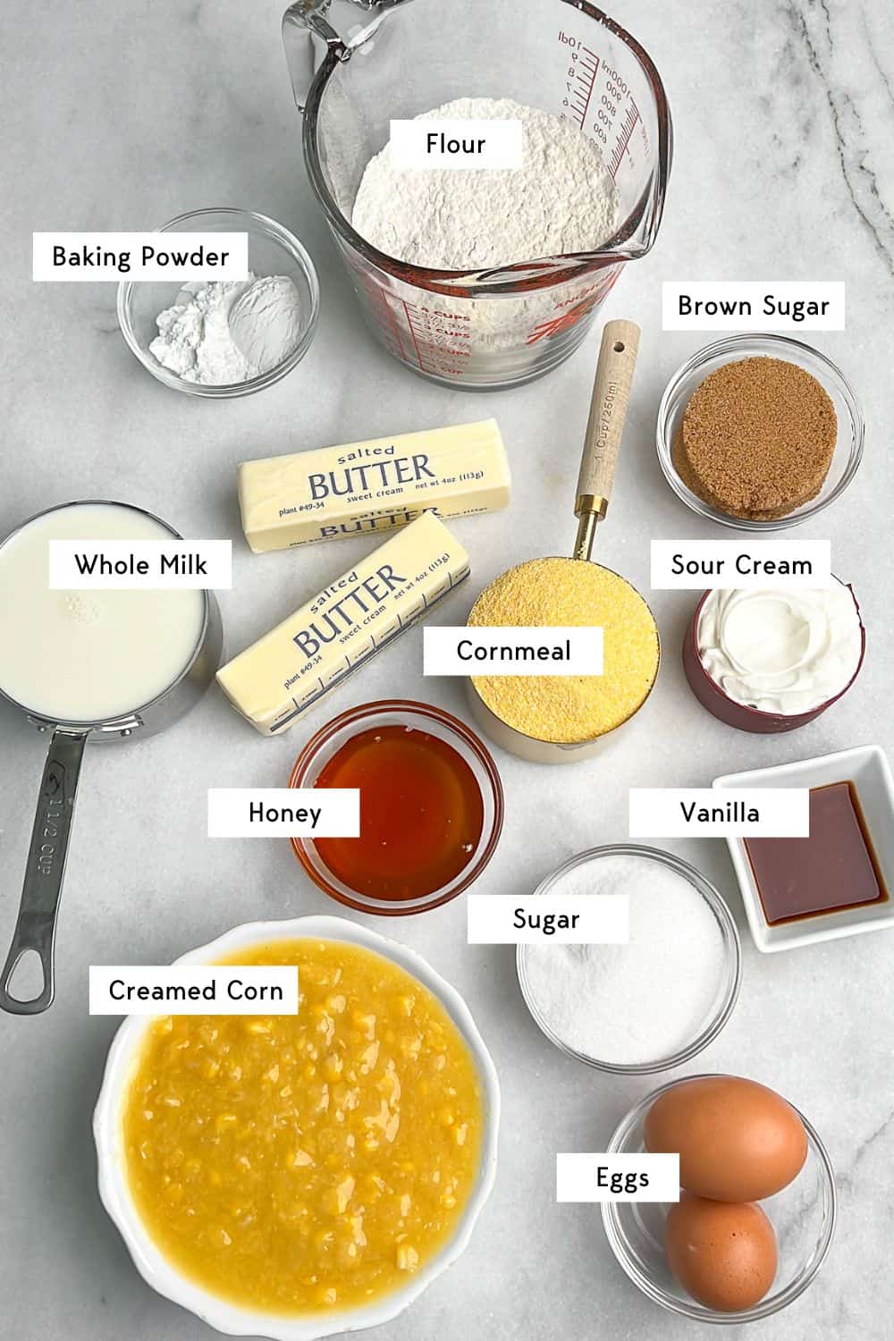 measured ingredients needed for this honey butter cornbread