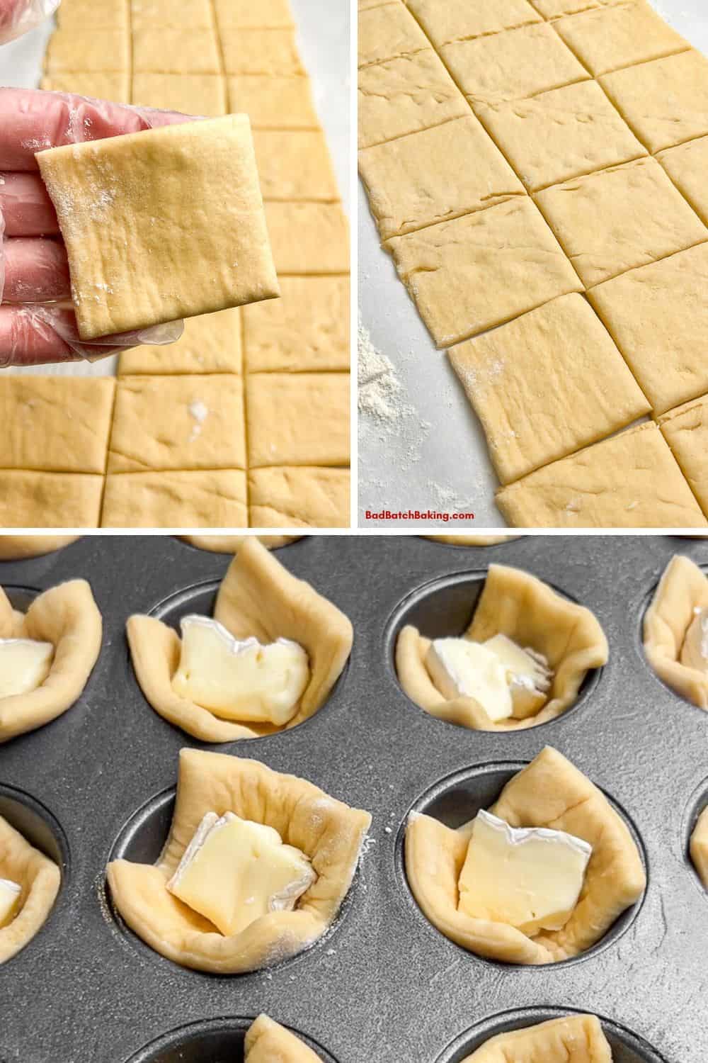 puff pastry cut into squares then placed in a pan stuffed with brie