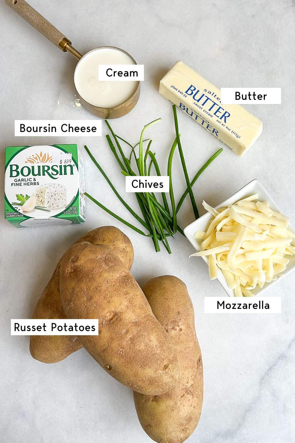 measured ingredients on the counter needed for boursin mashed potatoes