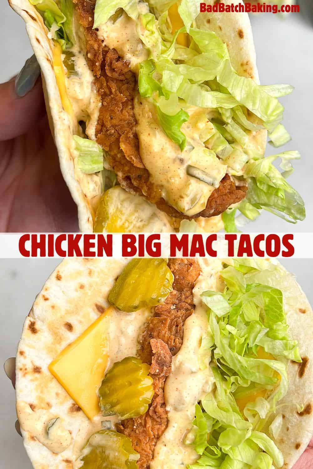 a fried chicken taco with sauce, lettuce and pickles