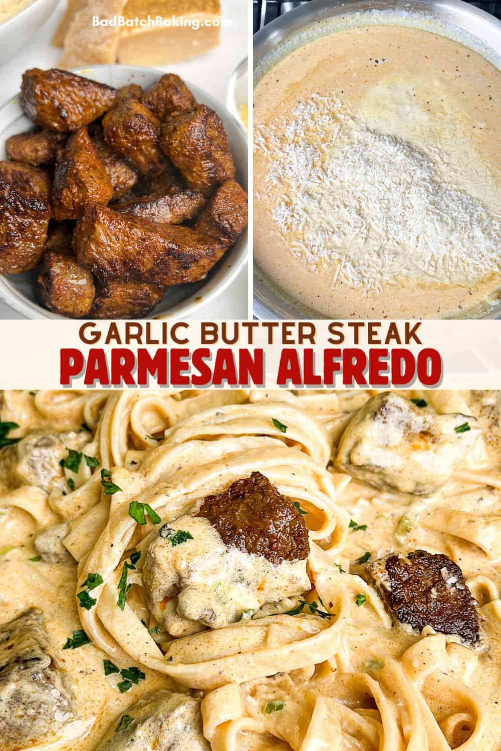 steak topped fettuccini alfredo in a pan