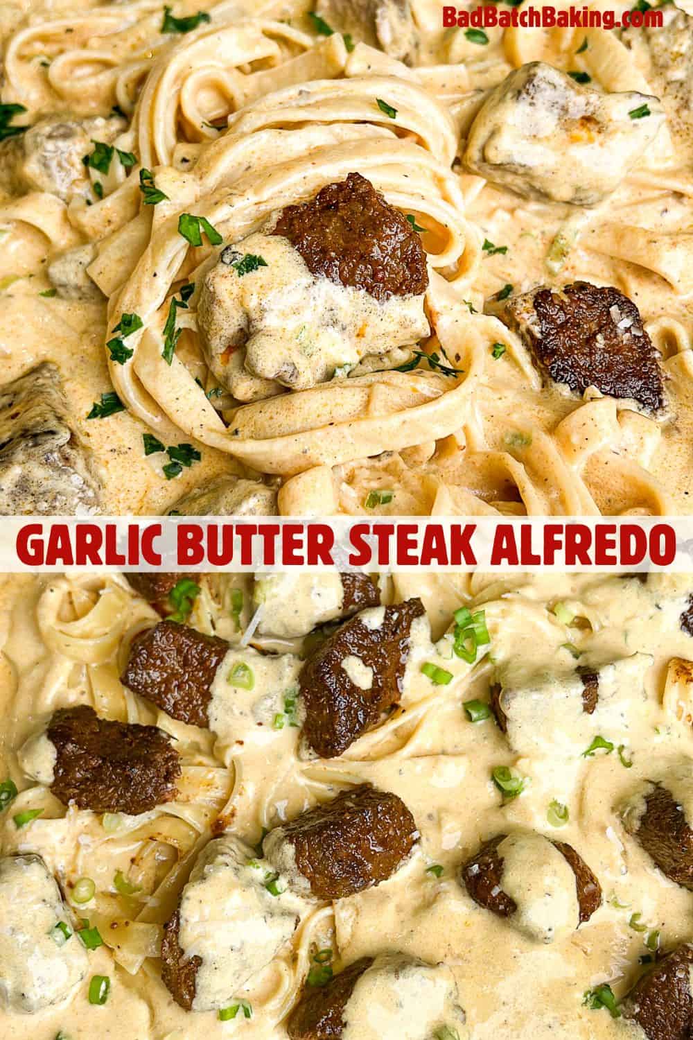 steak topped fettuccini alfredo in a pan