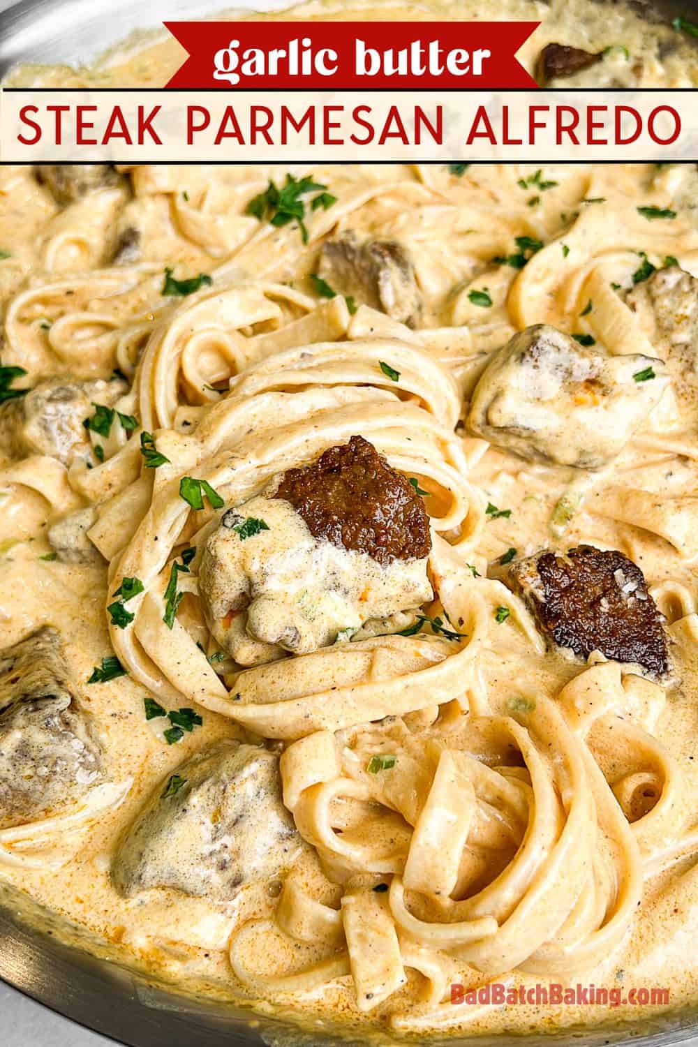 steak topped fettuccini alfredo in a pan