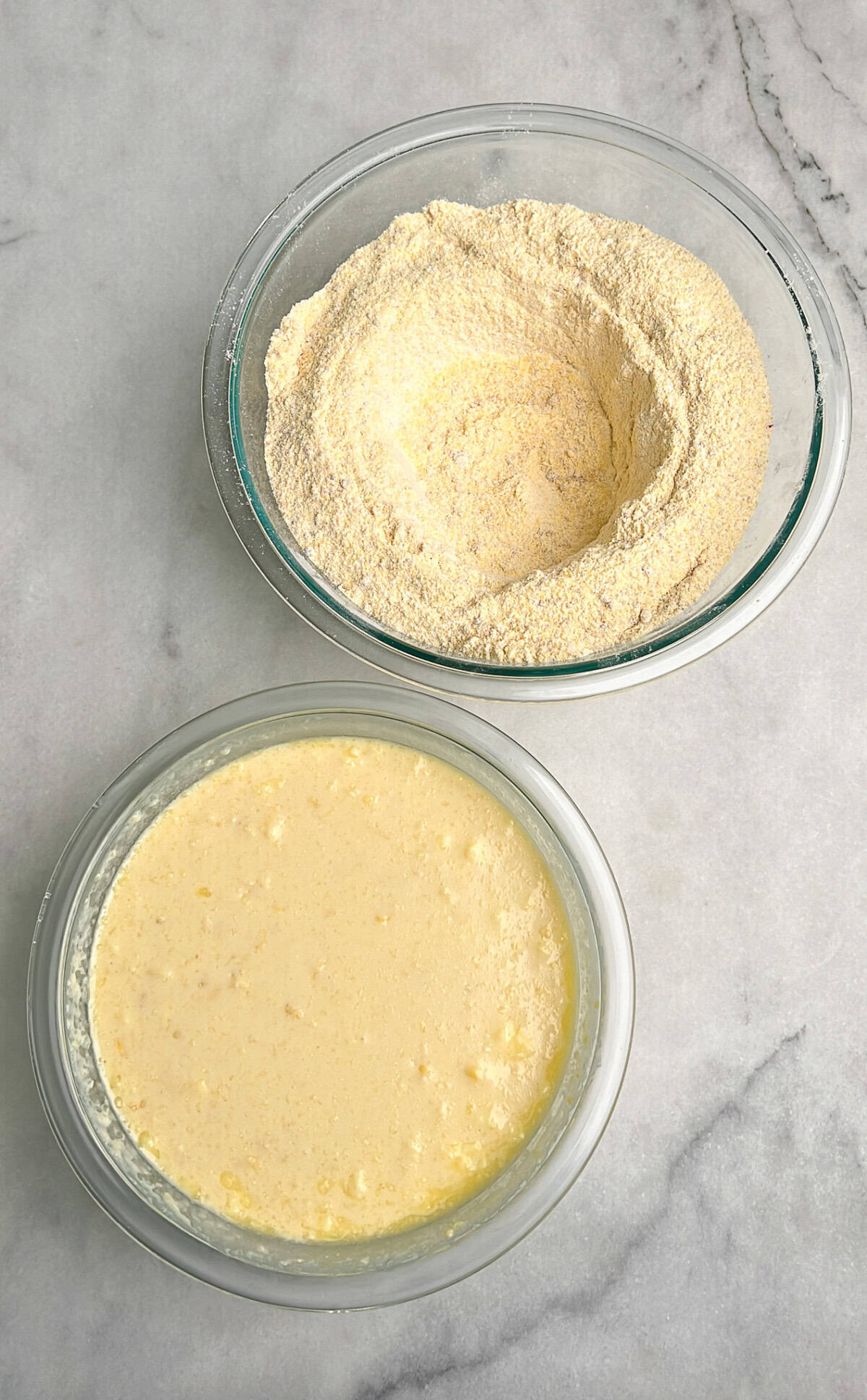 dry ingredients and wet ingredients in two different bowls