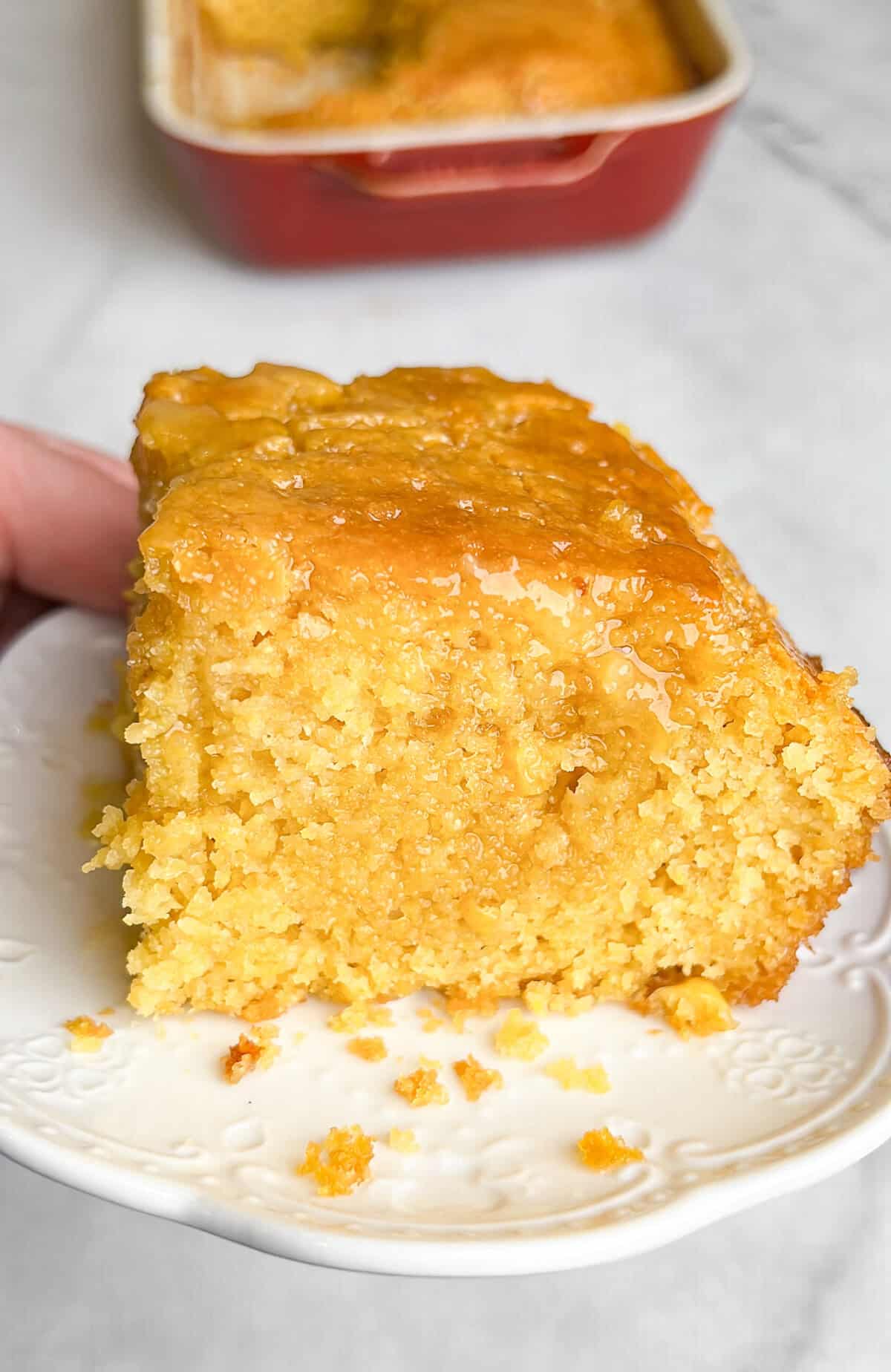 a slice of cornbread on a plate