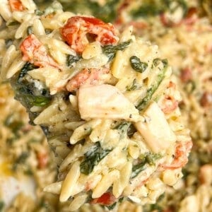 chicken spinach tomato orzo on a spoon over a pan