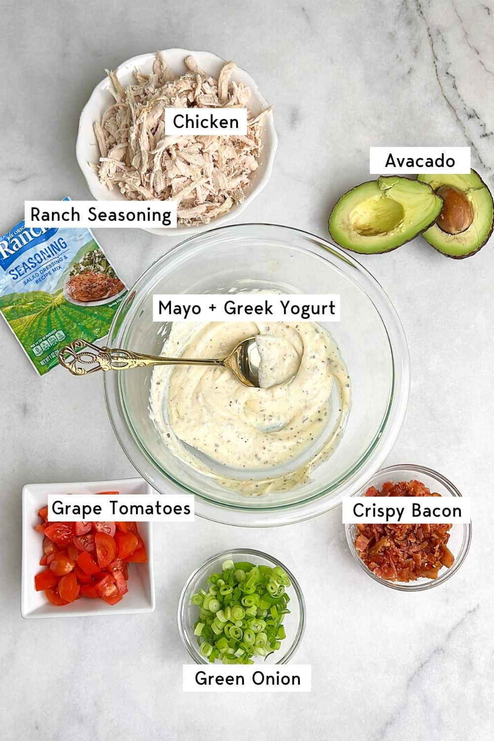 measured and labeled ingredients for making blt chicken salad