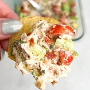 chicken salad scooped onto a chip