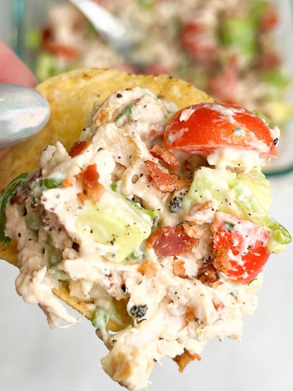 chicken salad scooped onto a chip