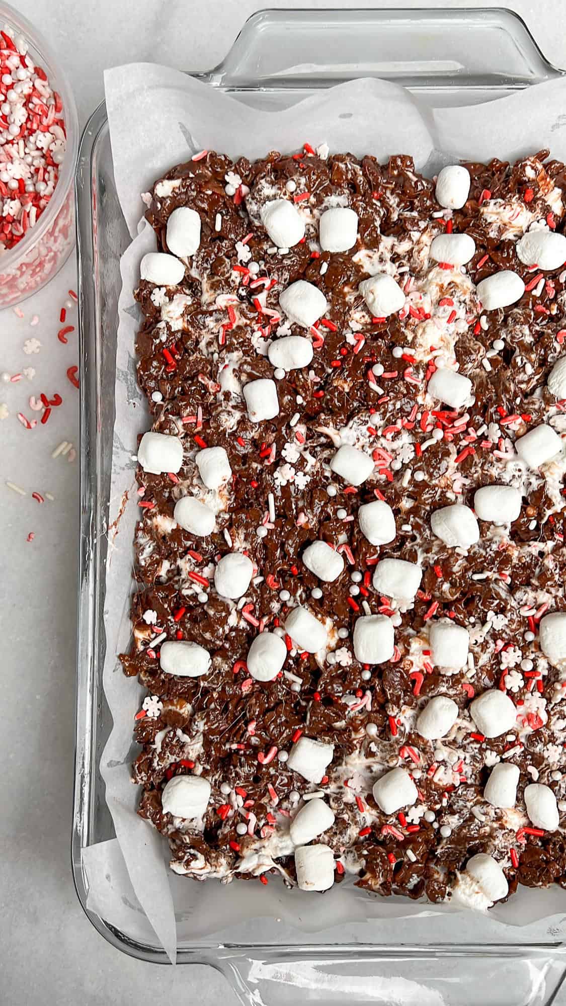 Hot Cocoa Rice Krispie Treats in a pan