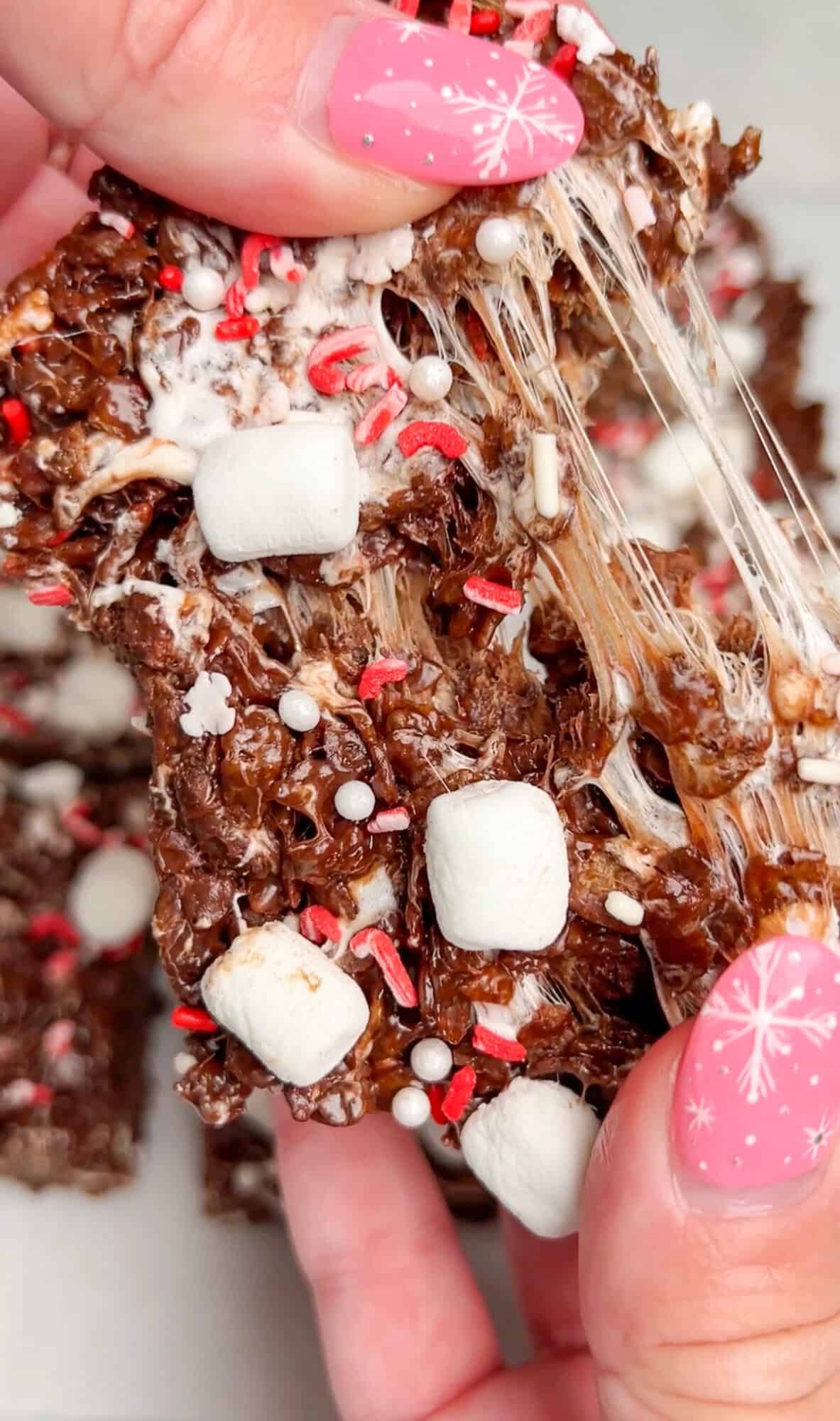 chocolate rice krispie treat getting pulled apart