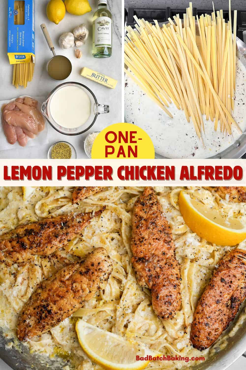 lemon pepper chicken on fettuccine alfredo in a pan