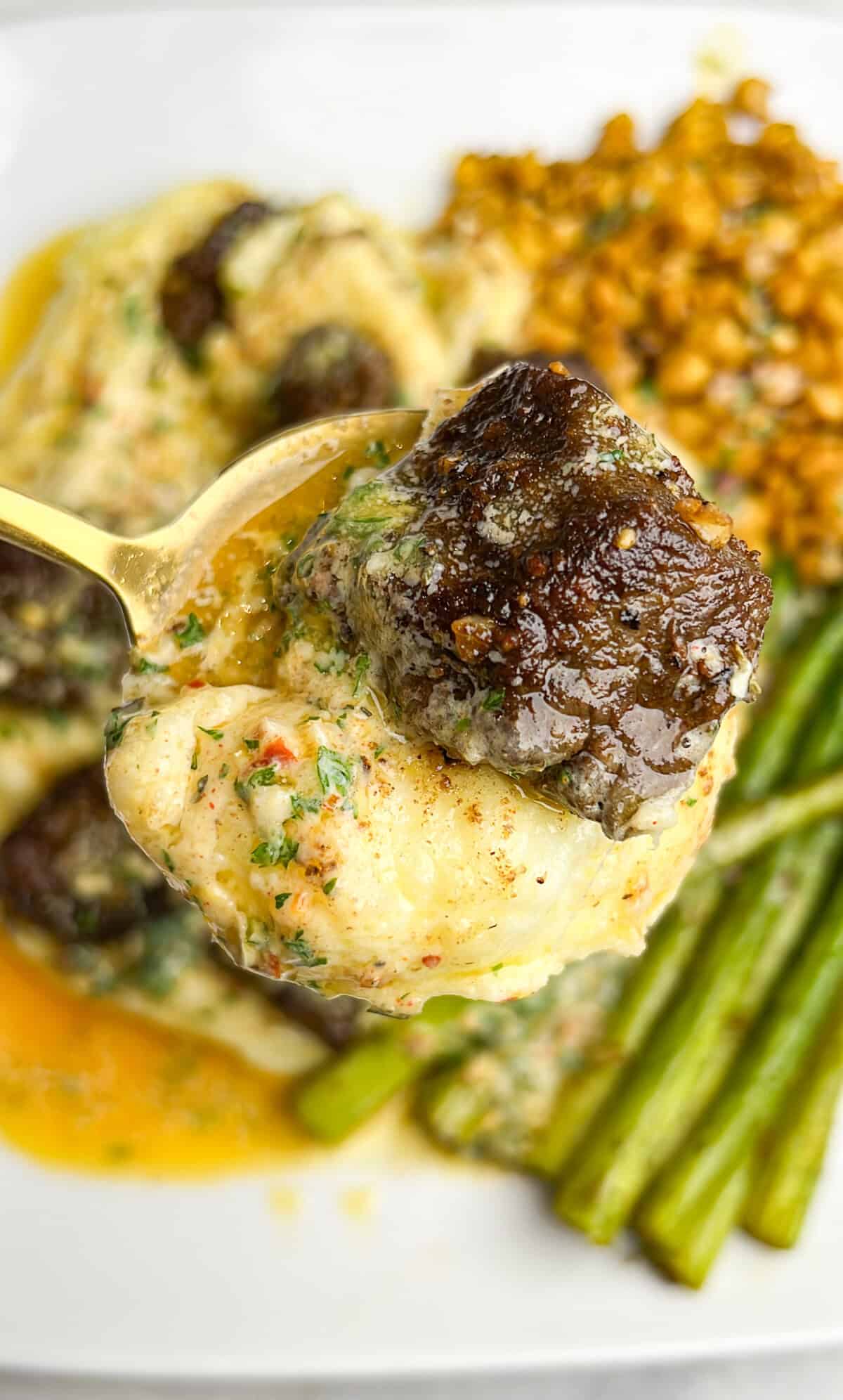 steak and potatoes on a serving spoon