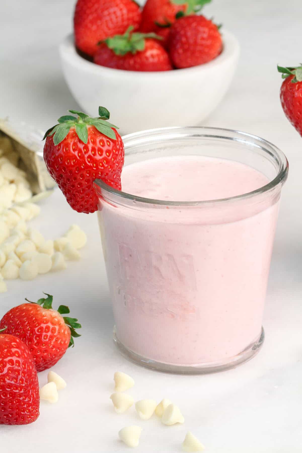 strawberry smoothie in a glass.