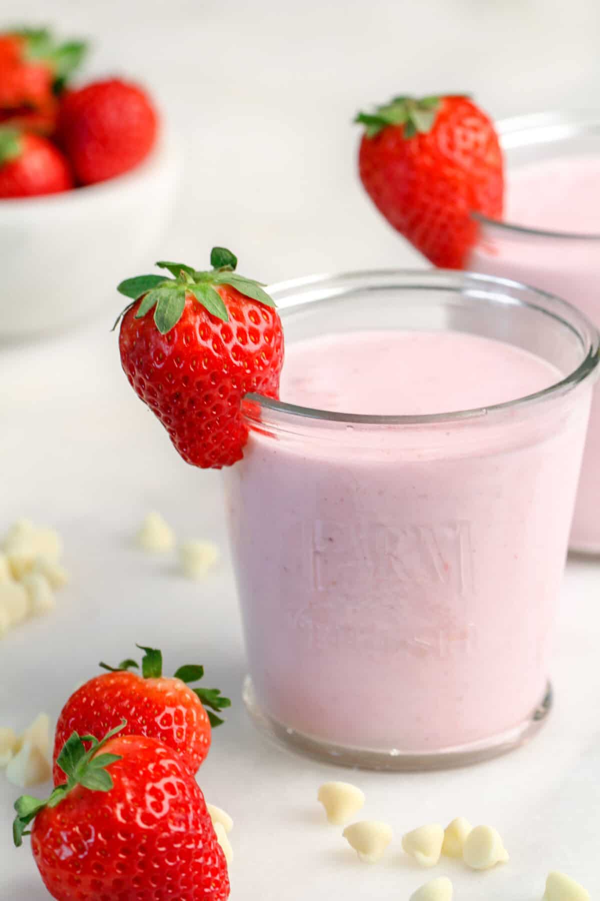 strawberry smoothie in a glass.