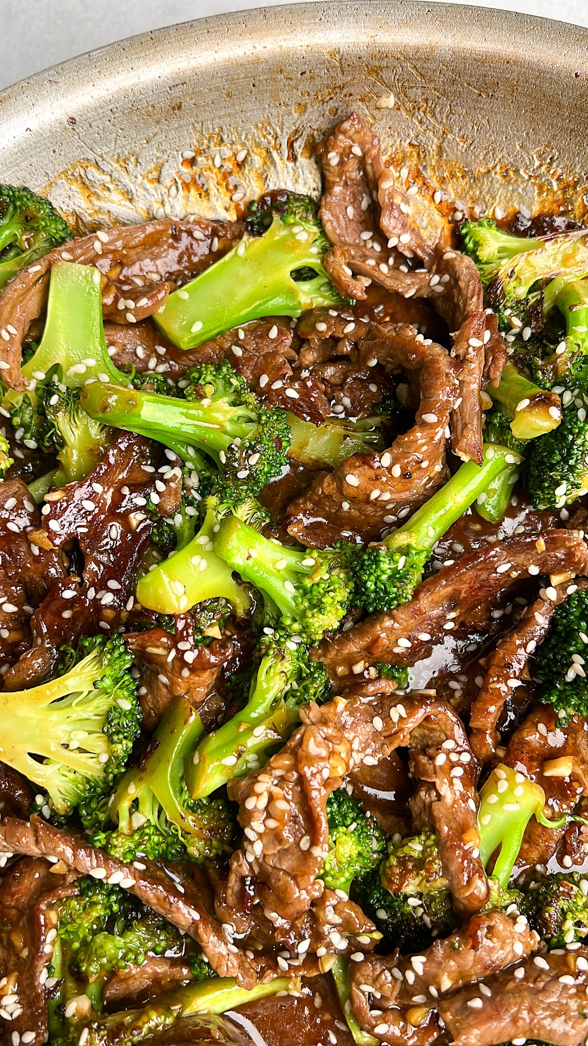 up close beef and broccoli in a pan