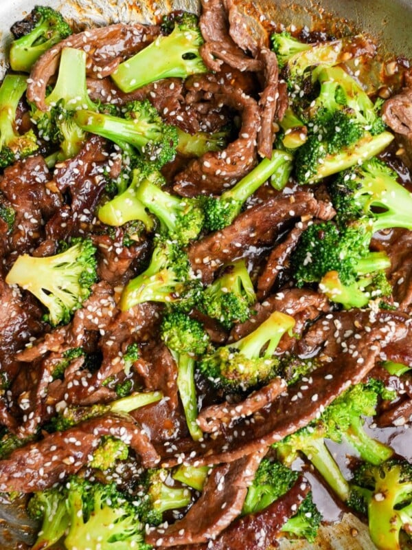 beef and broccoli in a pan