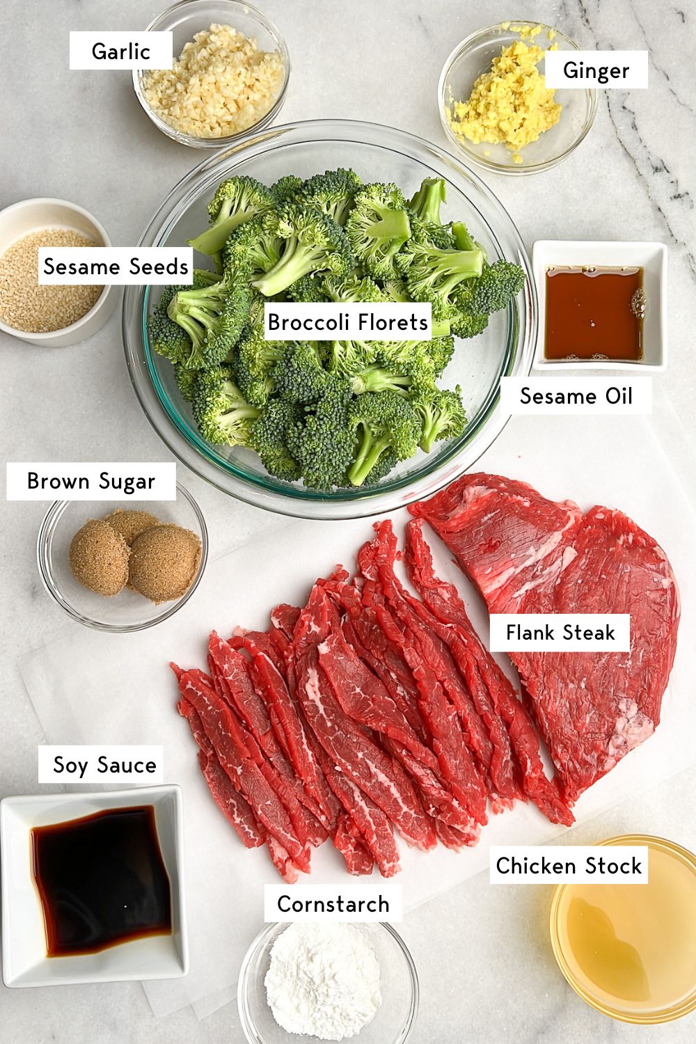 ingredients measured out for beef and broccoli