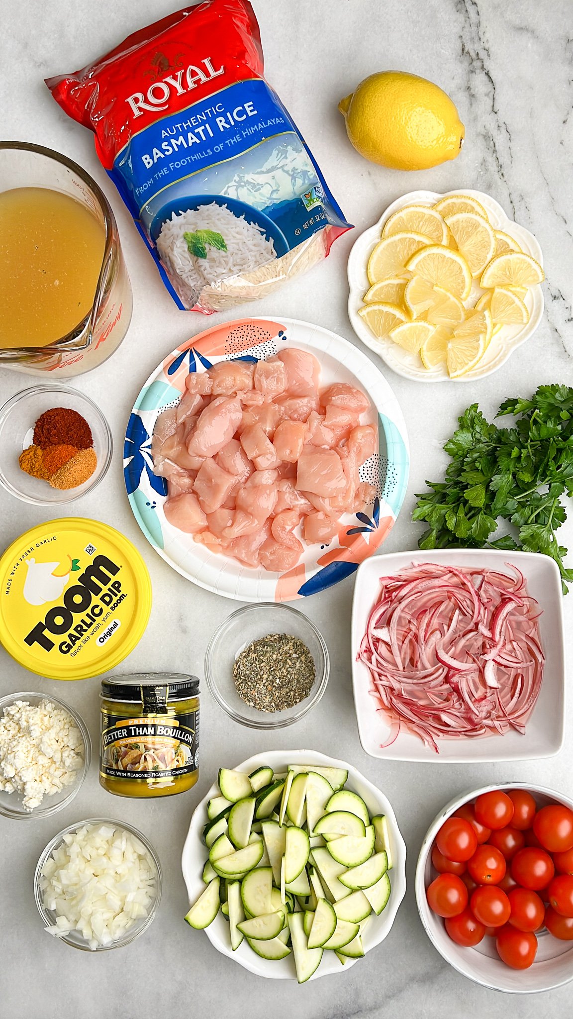 ingredients measured out for chicken tzatziki casserole